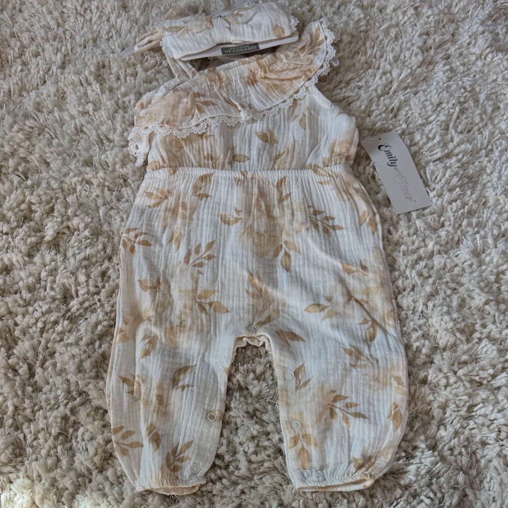 Smocked One-Shoulder Baby Romper in Cream with Tan Leaf Print